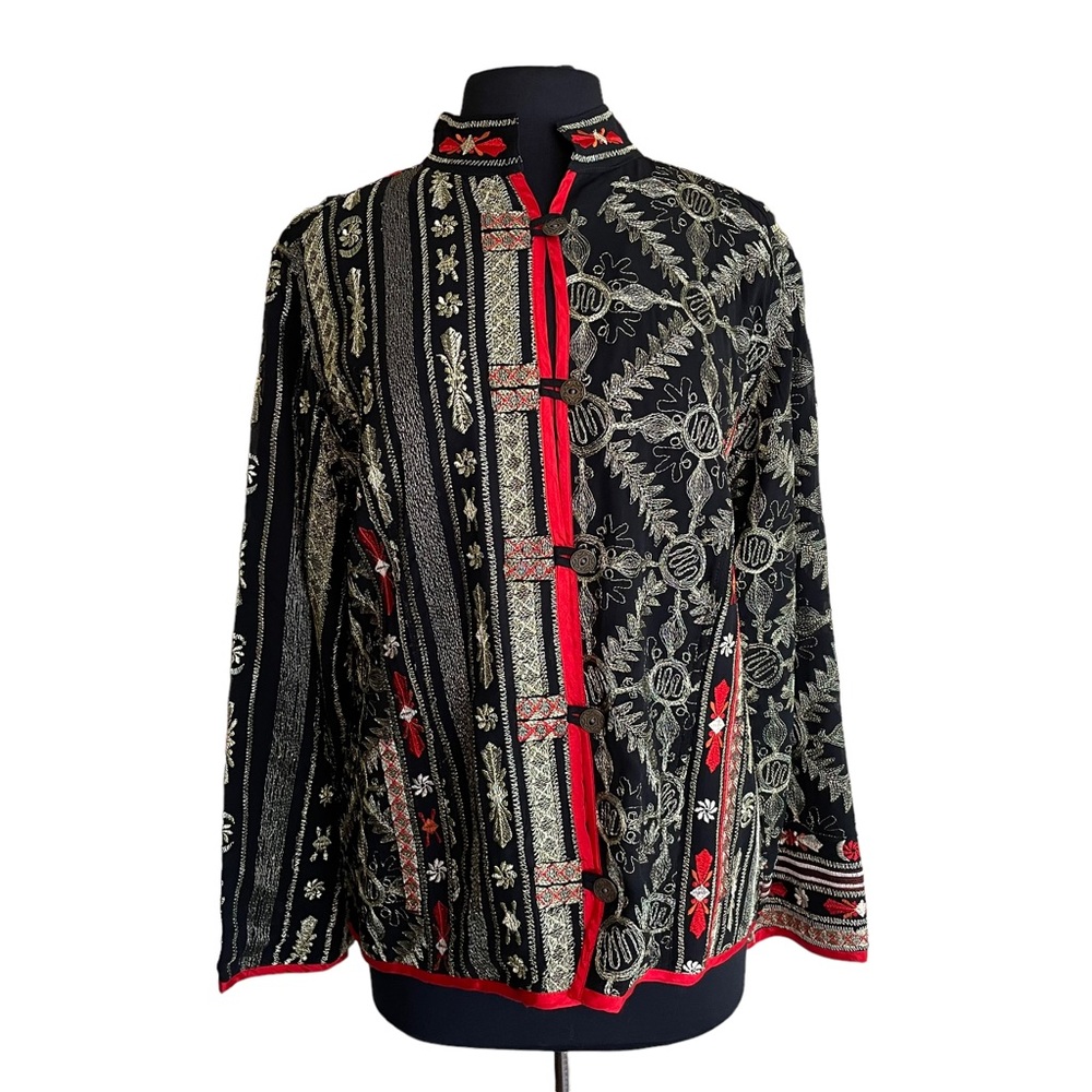 Chico's Black Red Gold Floral Paisley Embroidered Blazer Jacket